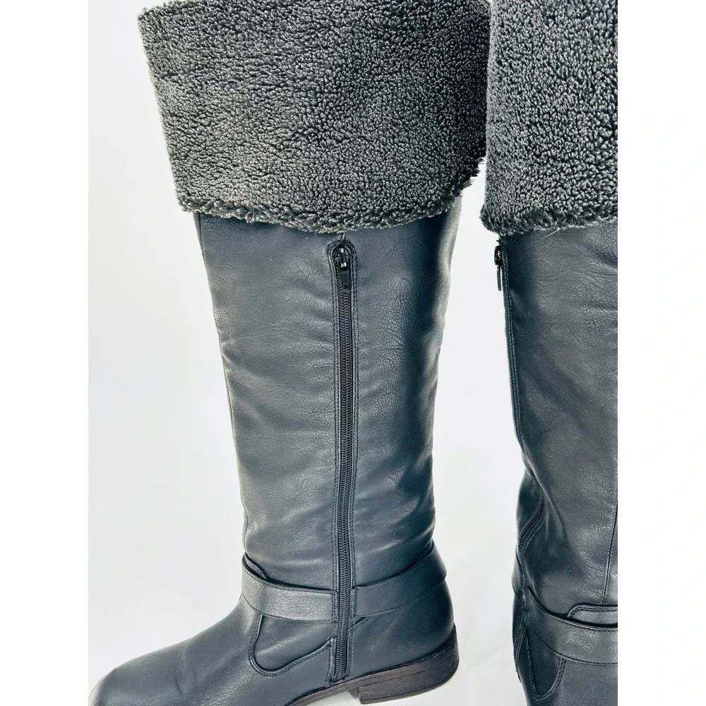 Women's Black Knee-High Winter Boots Shearling Cuff Flat Moto Utility‎ Size 9